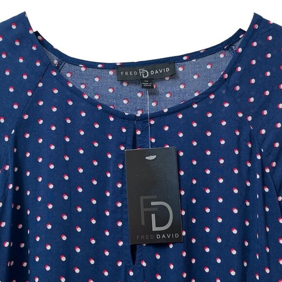 FRED DAVID Blouse Plus Size 1X Rayon Womens Top 3/4 Sleeve  Navy Red Dot NWT - Picture 2 of 12